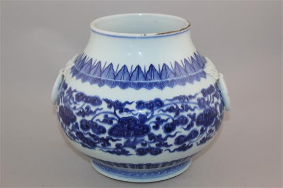 A rare Chinese blue and white two handled baluster vase, Zun, Qianlong period, height 19.5cm, glaze losses around a third of the rim